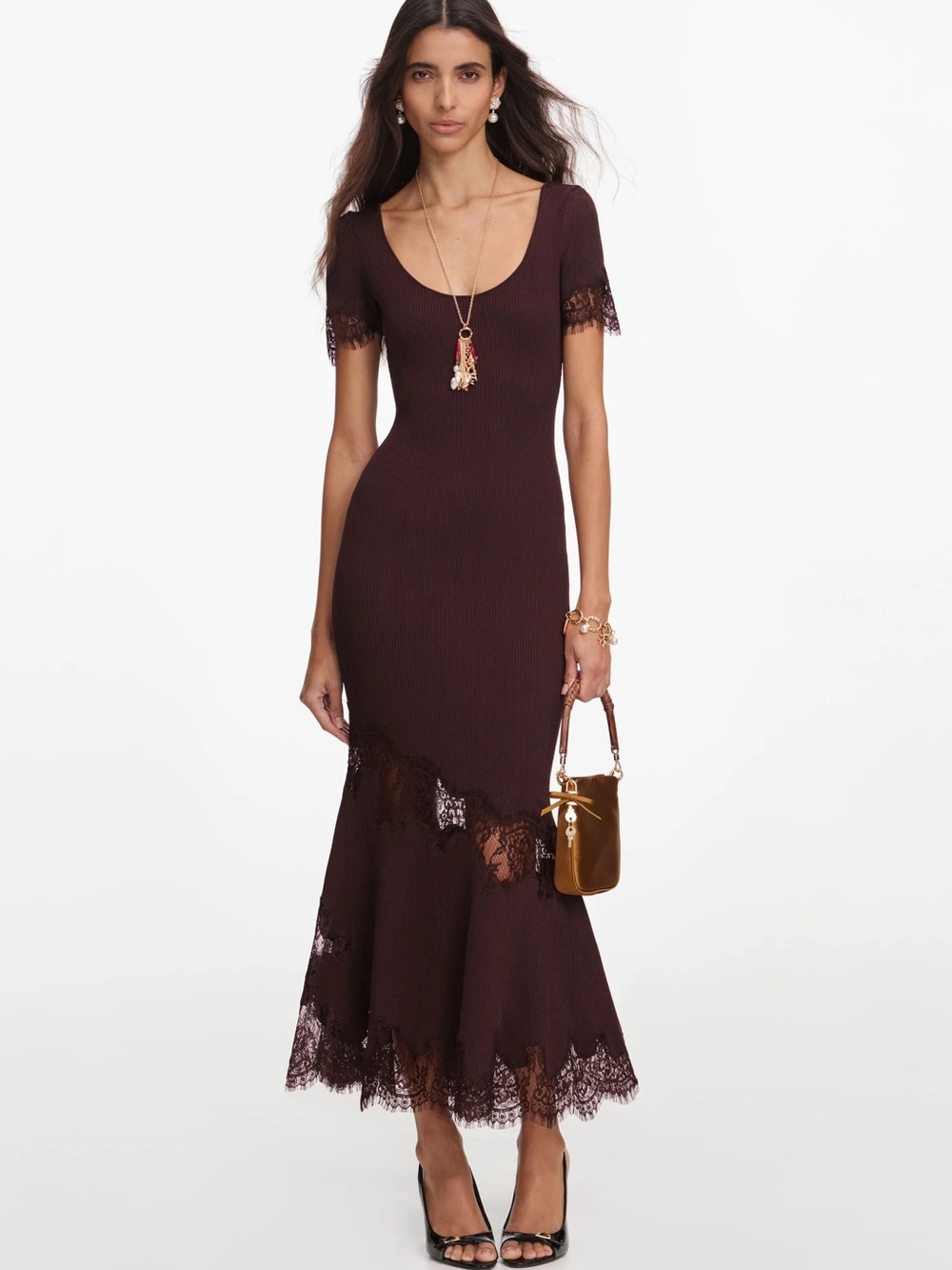 NWOT Self-Portrait BROWN RIBBED KNIT MIDI DRESS